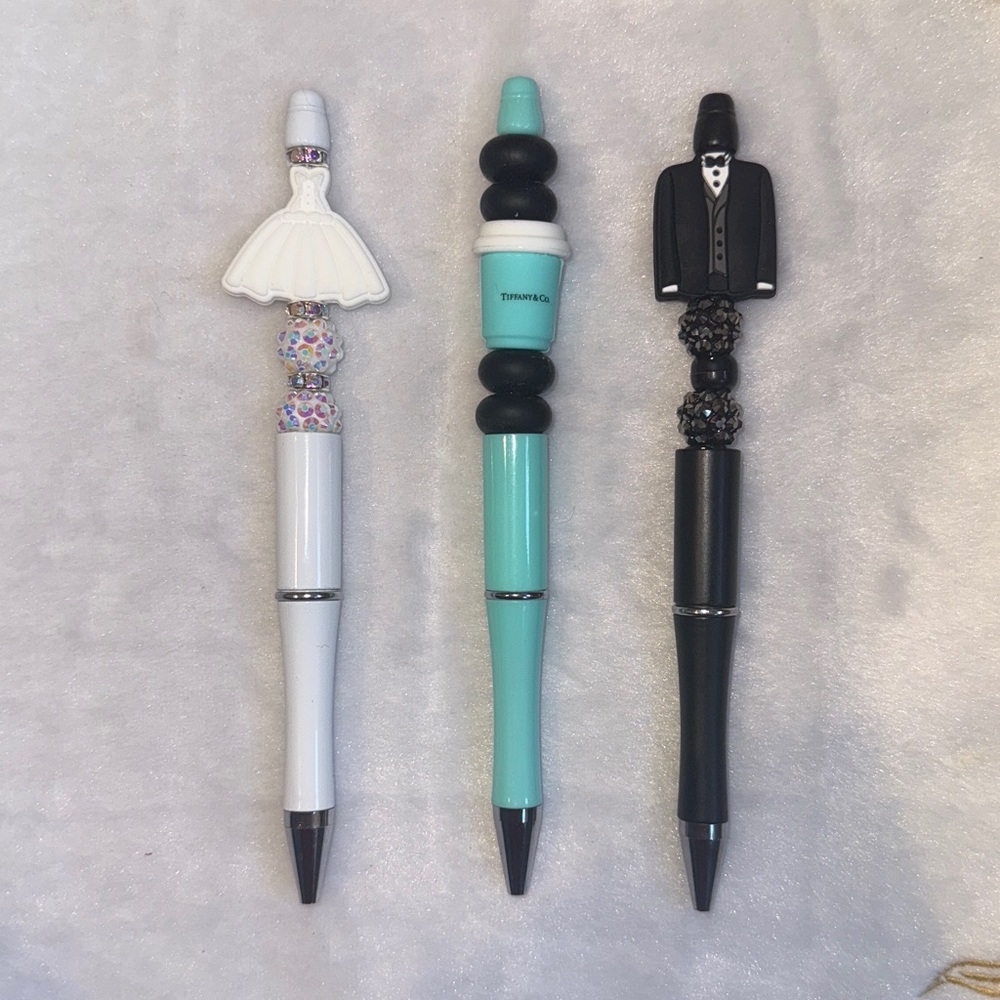 3 piece- wedding themed handcrafted beaded pens set. Wedding supplies.